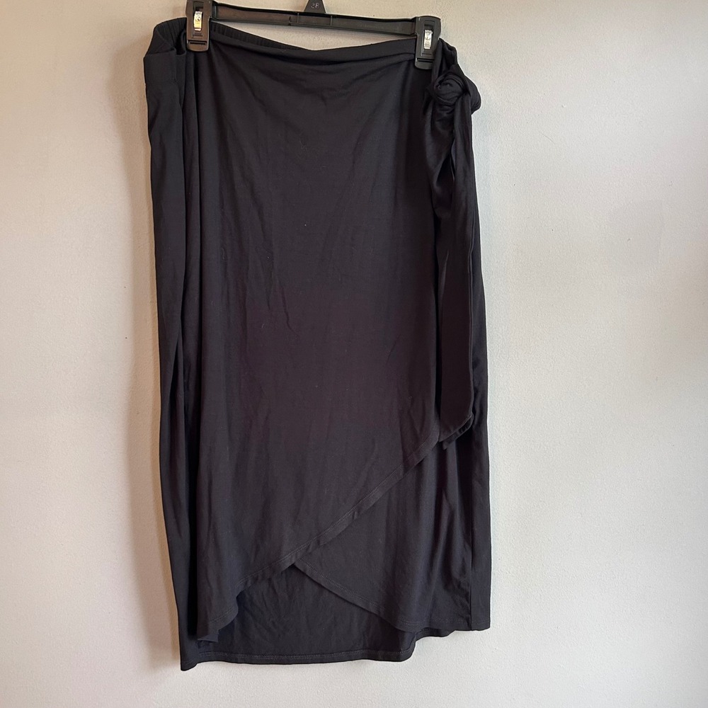 Ava & Viv Womens Plus 1X Black Faux Wrap Midi Skirt Side Tie Jersey Knit